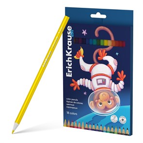 Цветные карандаши деревянные ErichKrause Kids Space Animals трехгранные, грифель 3 мм, 18 цветов (в коробке с европодвесом 18 шт)