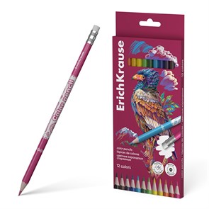 Цветные карандаши деревянные ErichKrause Safari круглые стираемые с ластиком, грифель 3,3 мм, 12 цветов (в коробке с европодвесом 12 шт)