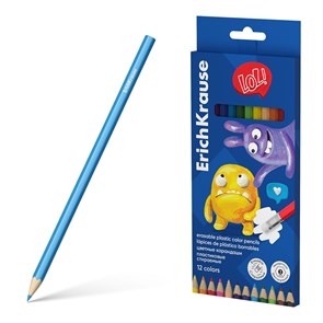 Цветные карандаши пластиковые ErichKrause Jolly Friends шестигранные стираемые с ластиком, гриф. 3 мм, 12 цв. (в коробке с европодв. 12 шт)