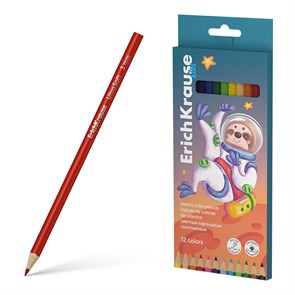 Цветные карандаши пластиковые ErichKrause Kids Space Animals трехгранные, грифель 3 мм, 12 цветов (в коробке с европодвесом 12 шт)