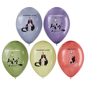 Воздушные шары, 10шт., М12/30см, MESHU "Birthday cat", пастель, ассорти R374073