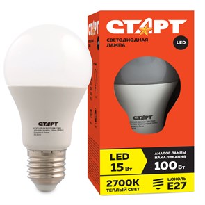 Лампа светодиодная Старт LED, серия "ЭКО" 15W30, тип А "груша" E27, 2700К, теплый свет, 15000ч R227548