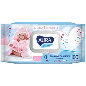 Салфетки влажные Aura "Ultra comfort", 100шт., детские, с алоэ, очищающие, без спирта, клапан R270362