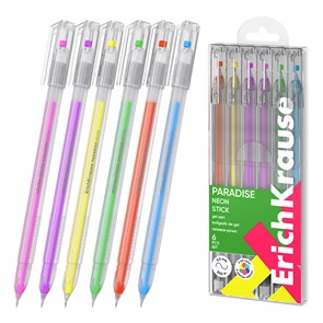 Набор из 6 ручек гелевых ErichKrause Paradise Stick Neon 0.6, цвет чернил ассорти (в пэт-боксе) EK61309